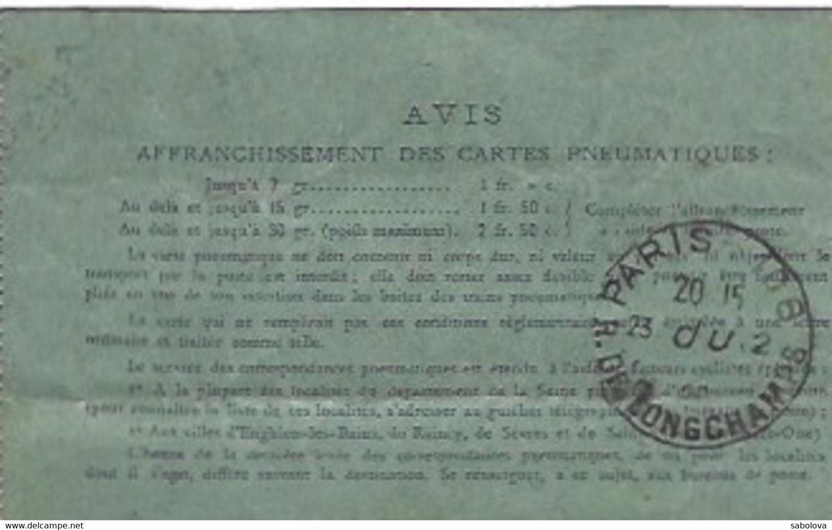 Carte Pneumatique  Paris Capucine Et Longchamps - Sonstige & Ohne Zuordnung