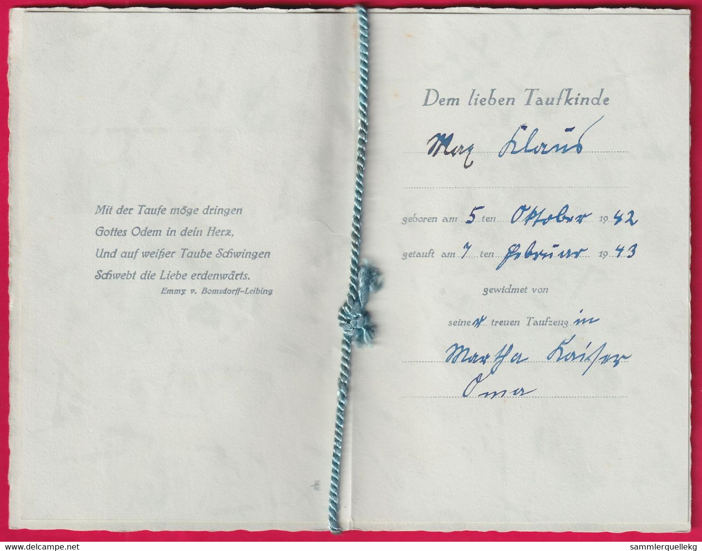 Prägekarte Aufklappbare Von 1942/1943, Dem Lieben Taufkinde - Other & Unclassified