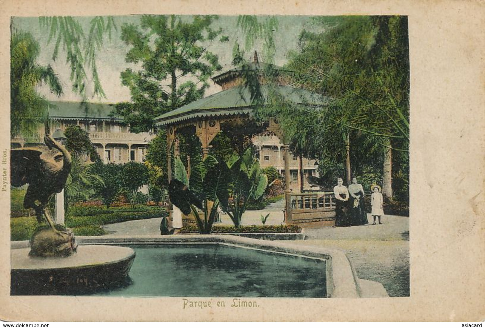 Limon Parque Hand Colored Undivided Back Paynter Bros Band Stand Kiosque Musique Fountain With Stork - Costa Rica