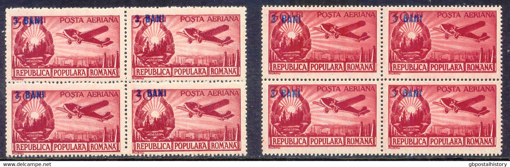 RUMÄNIEN 1952 Flugpost-AH-Ausg. 3 Bani A. 30 B. Lilarot Bzw. Karminrot ** 4-Bl. - Variedades Y Curiosidades