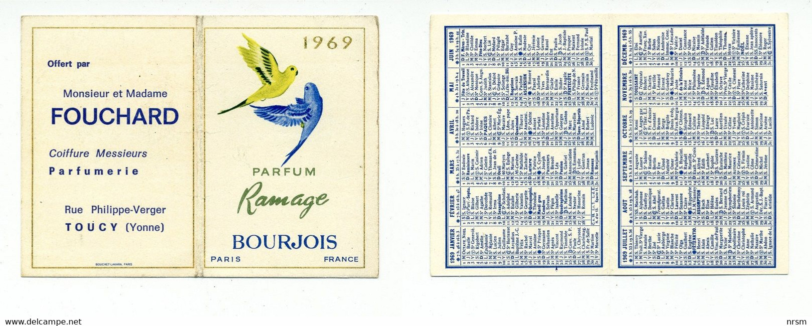 Calendrier 1969 - Parfum Ramage De BOURJOIS / FOUCHARD Coiffure/Parfumerie à Toucy (Yonne) - Petit Format : 1961-70