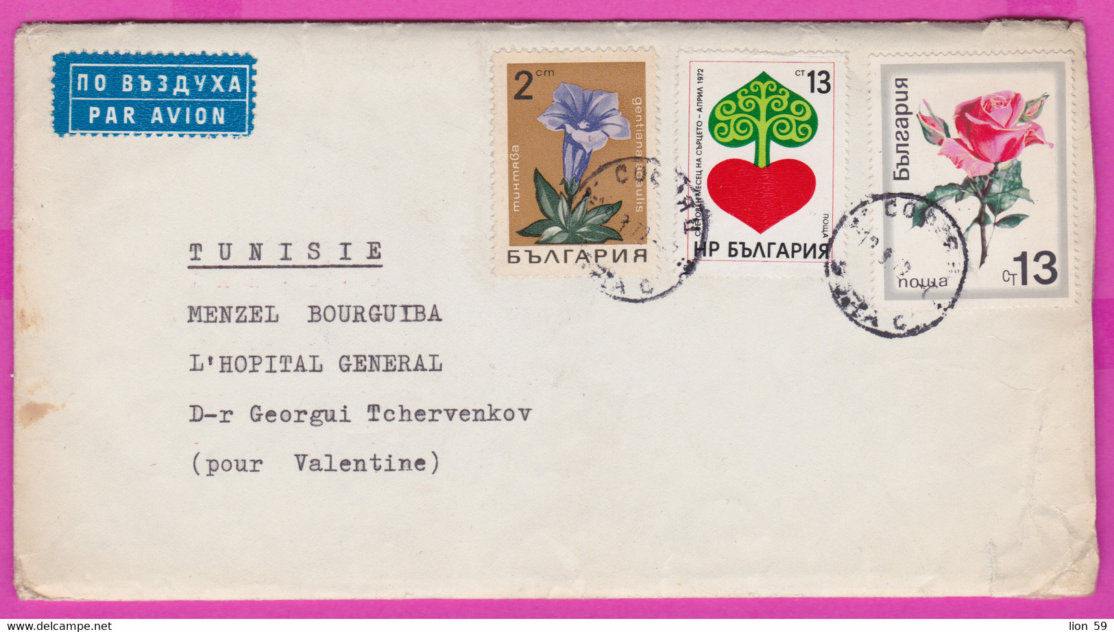 266212 / Cover Bulgaria 1972 - 2+13+13 St. Flowers Roses Gentian  World Heart Month - Menzel Bourguiba Tunisie - Lettres & Documents