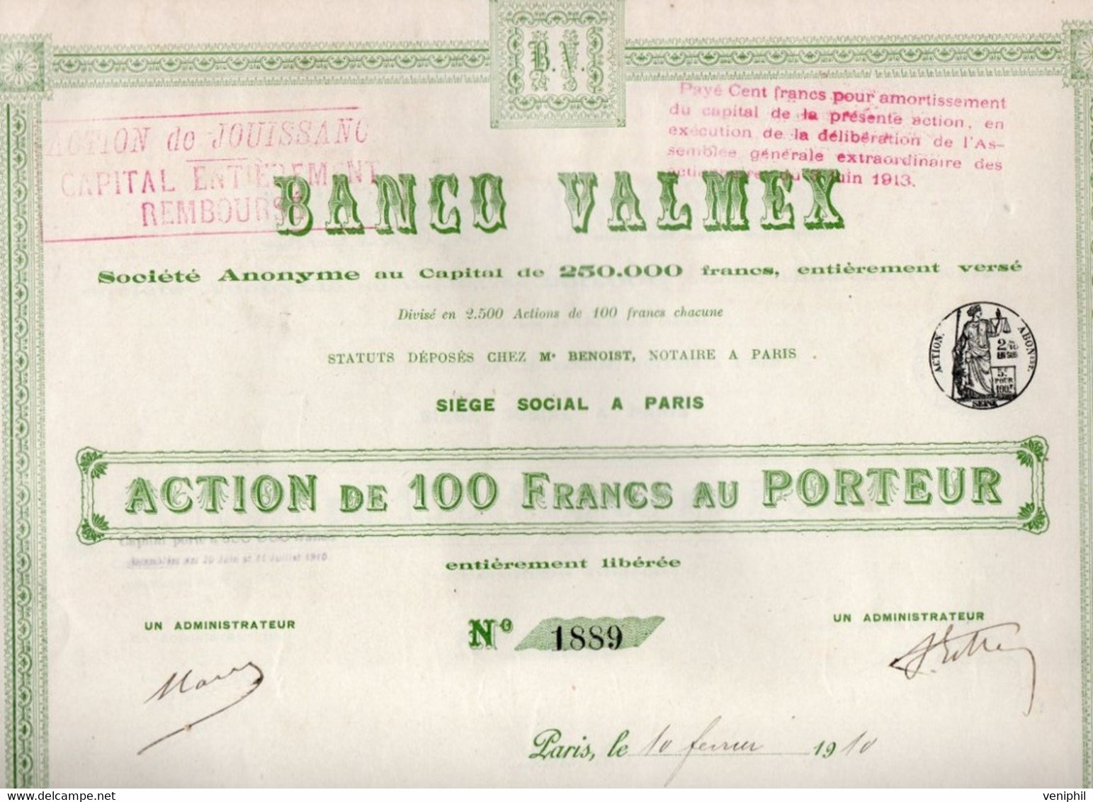 ACTION DE 10O FRS -BANCO VALMEY -DIVISE EN 2500  ACTIONS - ANNEE 1910 - Banque & Assurance