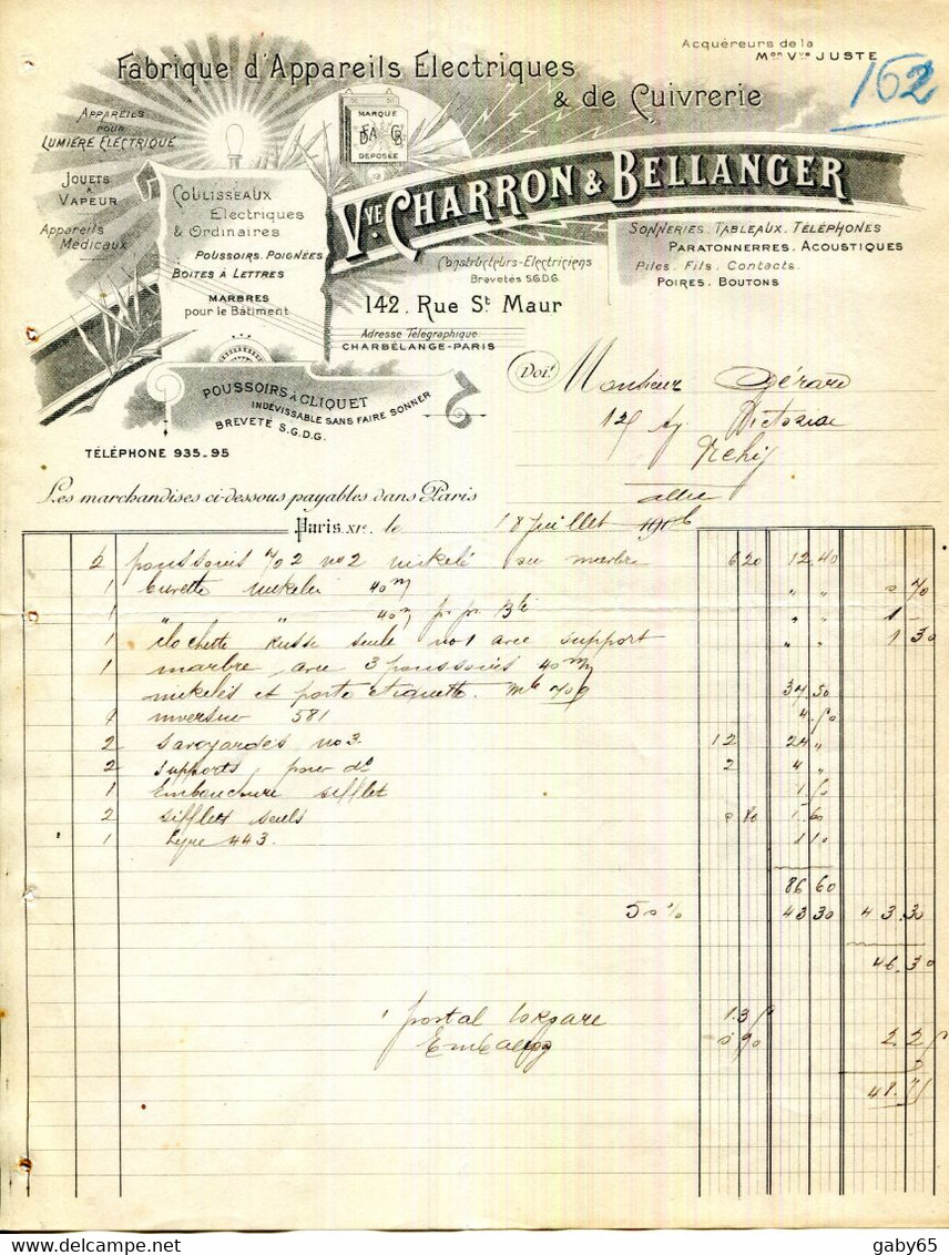 PARIS.FABRIQUE D'APPAREILS ELECTRIQUES & MEDICAUX.PARATONNERES.ACOUSTIQUES.JOUETS A VAPEUR.Vve.CHARRON & BELLANGER . - Electricité & Gaz