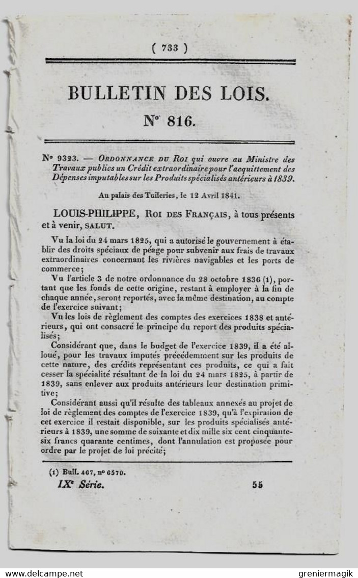 Bulletin Des Lois 816 1841 Ardennes Tarif Droits Au Passage Des Bacs Et Bateaux/Approvisionnement De Paris En Bois/Fils - Decrees & Laws