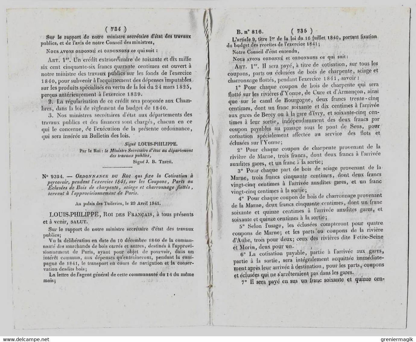 Bulletin Des Lois 816 1841 Ardennes Tarif Droits Au Passage Des Bacs Et Bateaux/Approvisionnement De Paris En Bois/Fils - Decrees & Laws