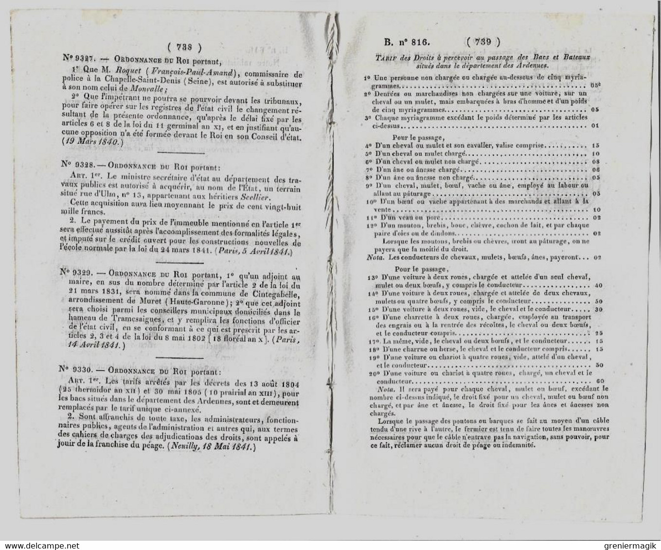 Bulletin Des Lois 816 1841 Ardennes Tarif Droits Au Passage Des Bacs Et Bateaux/Approvisionnement De Paris En Bois/Fils - Decrees & Laws