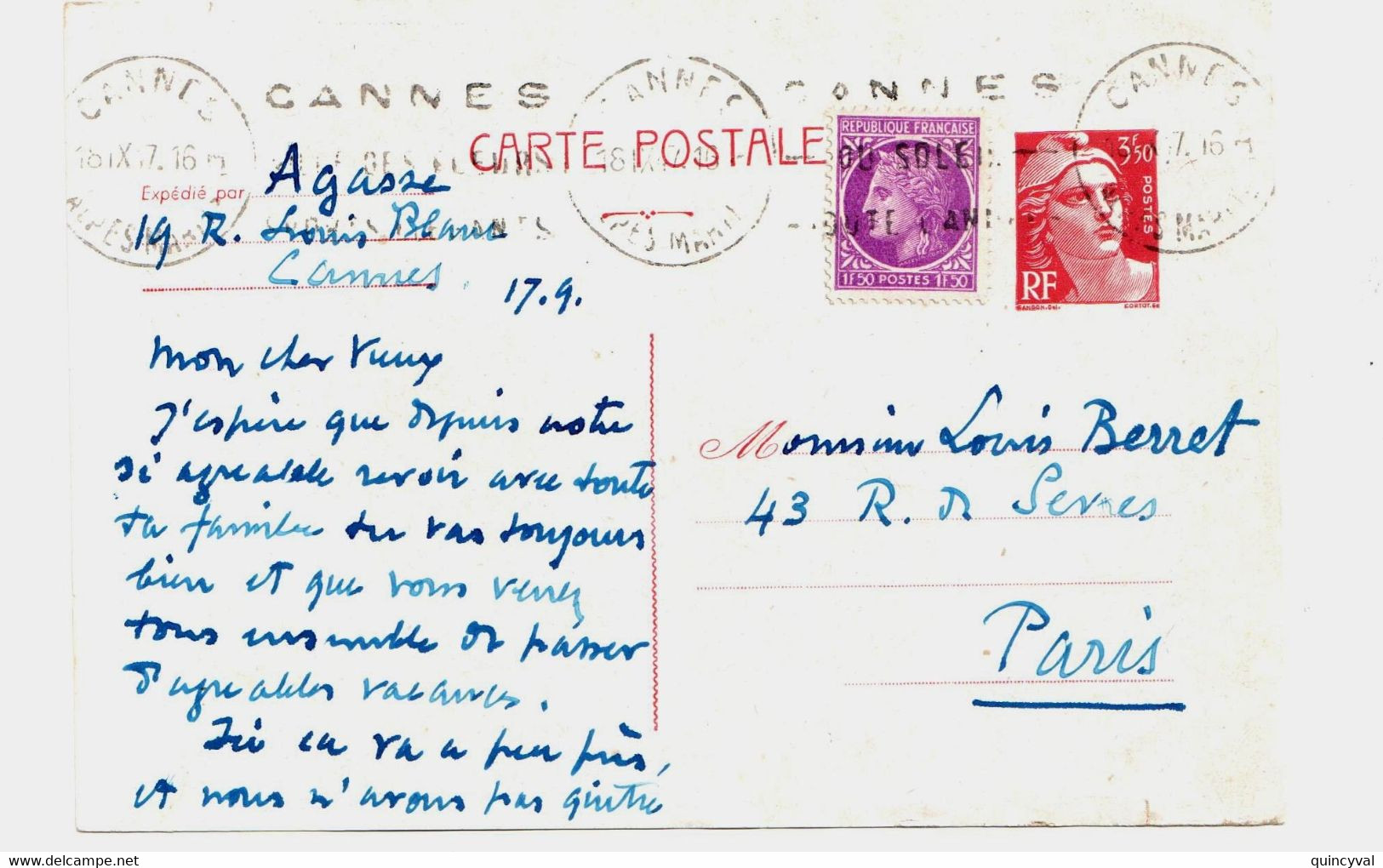 CANNES Carte Postale Entier 3,50 F Gandon Rouge Compl 1,50 F Mazelin Yv 716B-CP1 679 Ob 1947 Storch E1 Meca Krag  CAN408 - Standard Postcards & Stamped On Demand (before 1995)