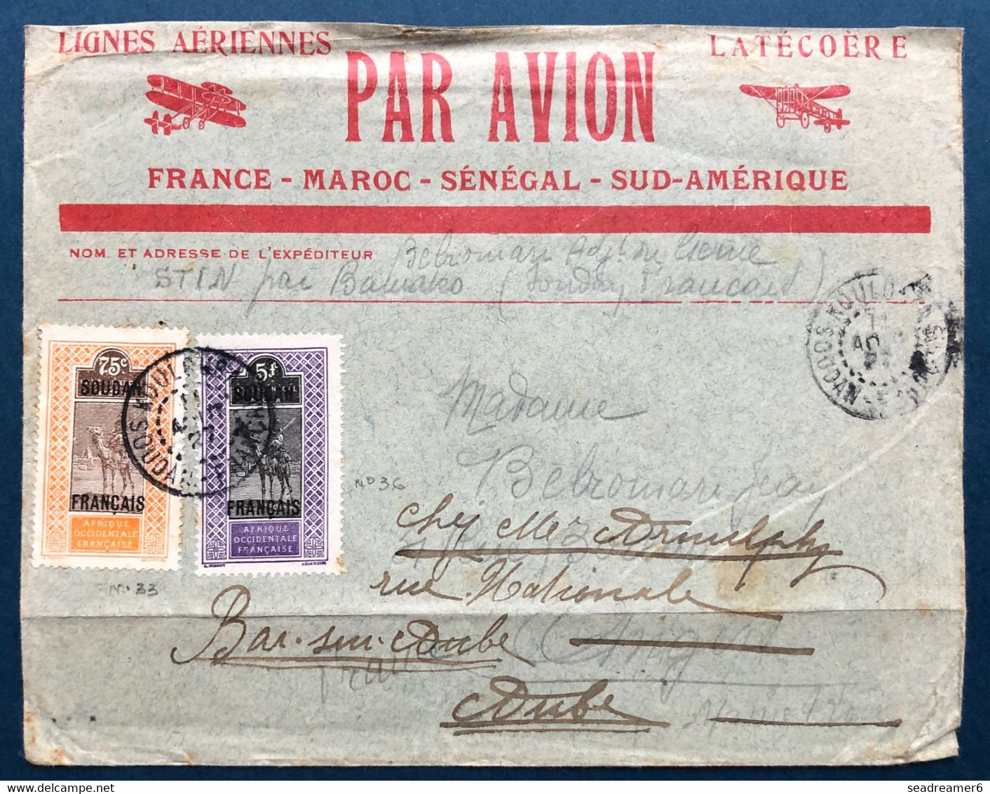 France Colonies Françaises Lettre Soudan Français 1927 N°33 & 36 Obl Koulouba Pour Angers Puis Reexpedié à Bar Sur Aube - Storia Postale