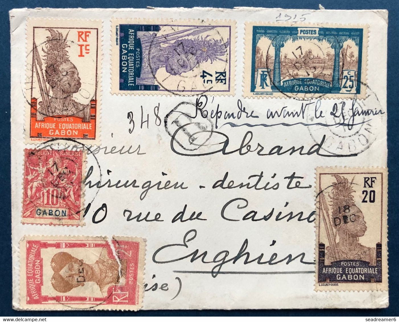 France Colonies Françaises Lettre Gabon 1915 Groupe N° 20 & 49,51, 55, 56 & N°64 Obl Libreville Pour Enghein Superbe - Brieven En Documenten