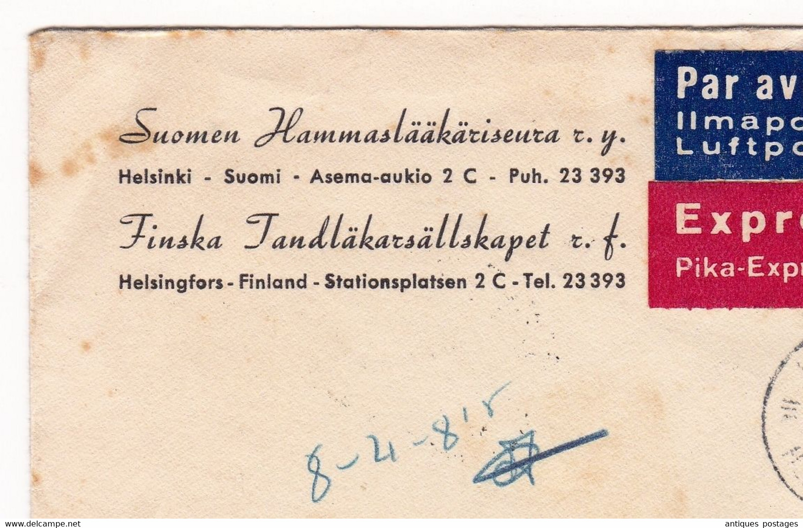 Lettre Helsinki Helsingfors 1952 Finland Suomi Suisse Suomen Hammaslääkäriseura - Briefe U. Dokumente