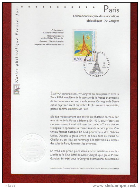 &#128509; " PARIS / TOUR EIFFEL " Sur Notice Officielle 1er Jour De 2004  N° YT 3685. Parfait état. FDC - Monumenti