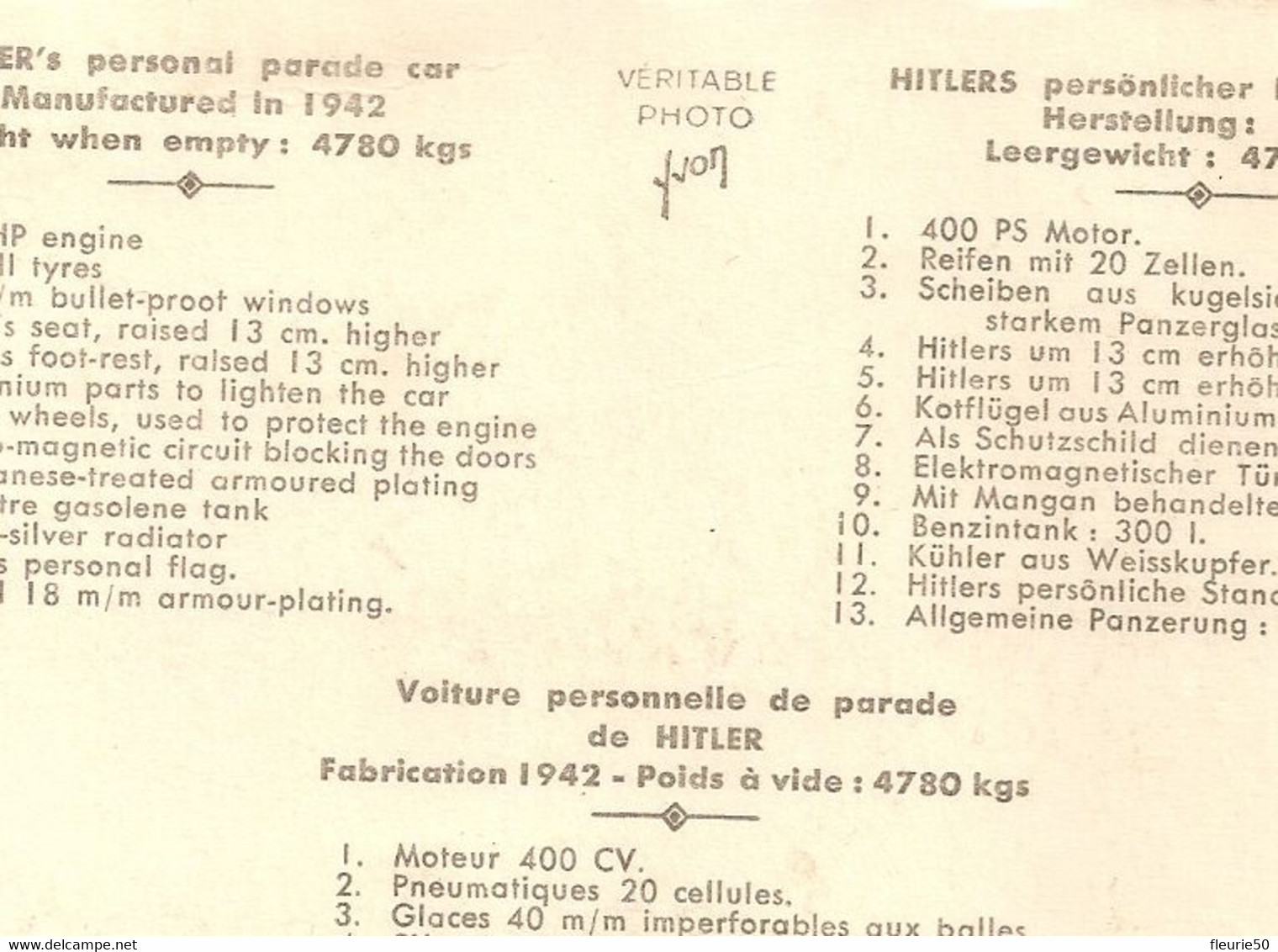 MILITARIA - Voiture Personnelle De Parade De HITLER. Fabrication 1942 - Poids à Vide : 4780 Kgs. Véritable Photo YVON. - Véhicules