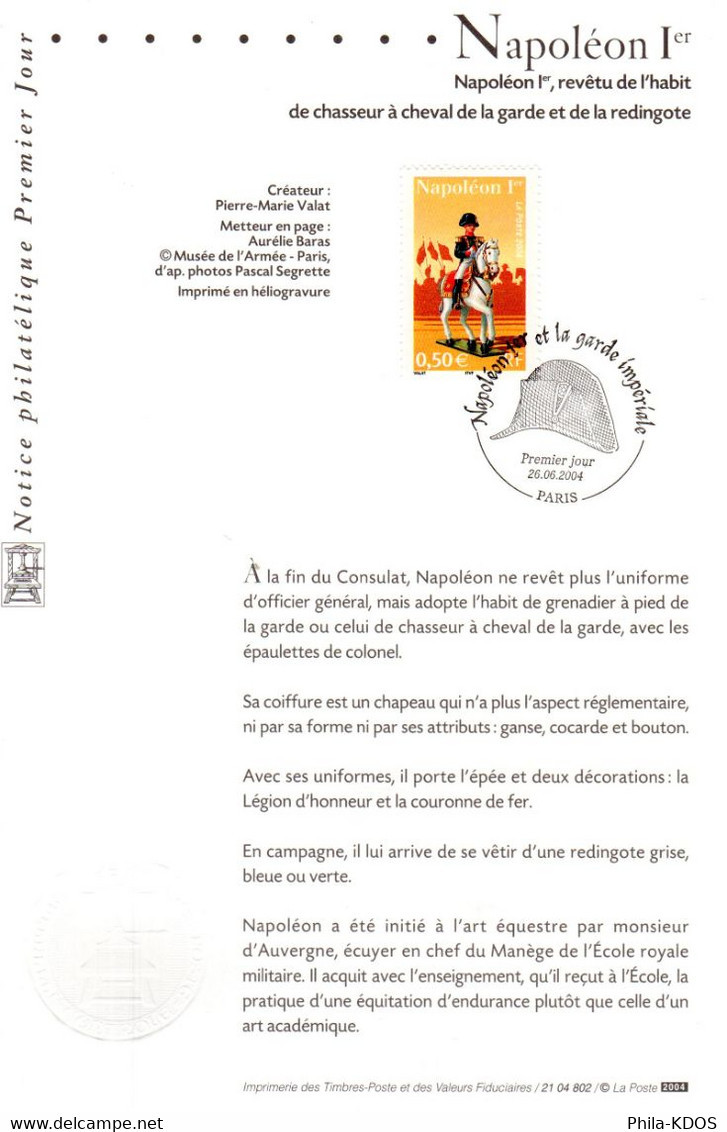 " NAPOLEON 1er ET LA GARDE IMPERIALE " Sur 6 Notices Officielles 1er Jour De 2004 N°YT 3679 à 3684. Parf état - Napoleon