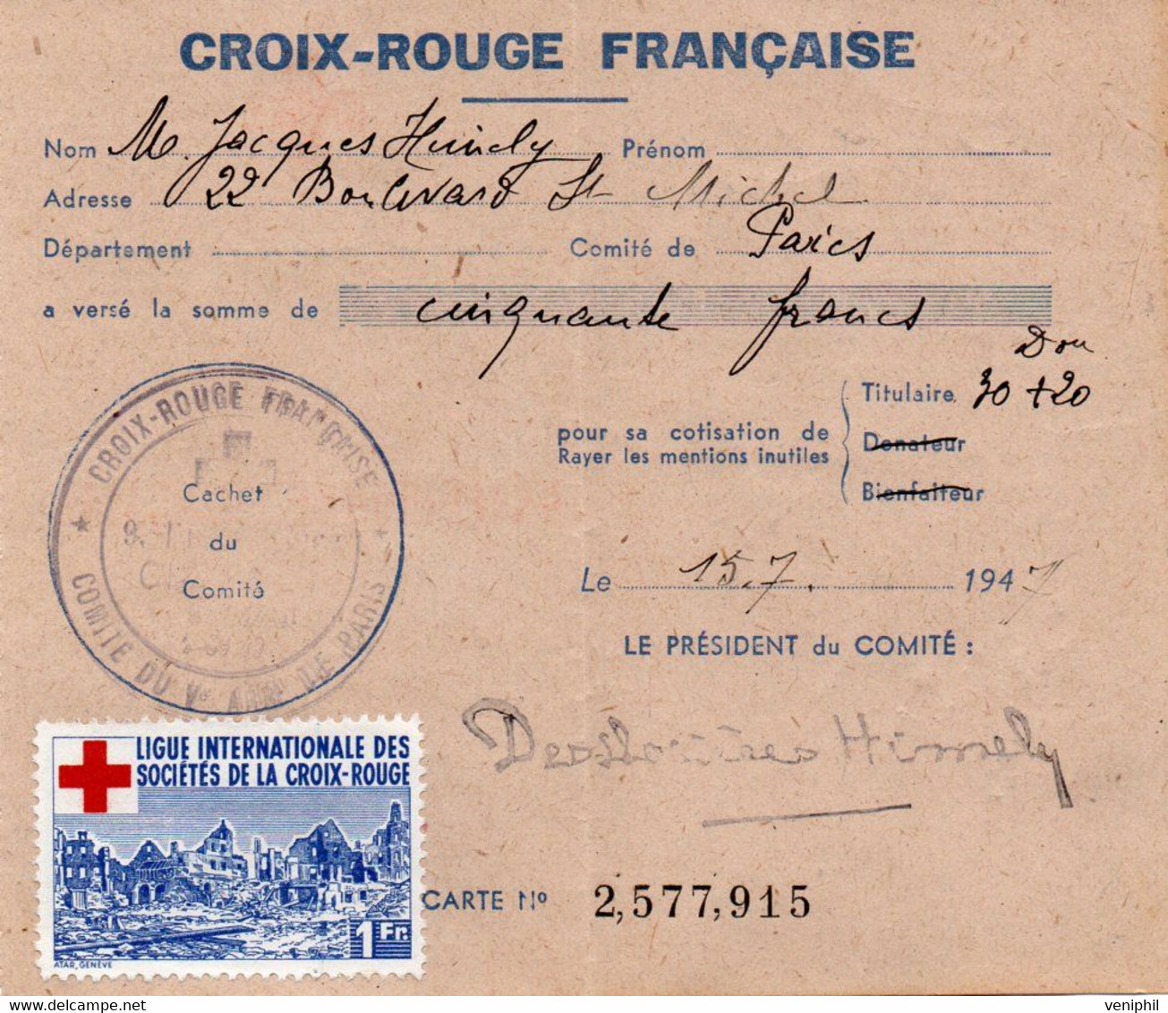 CARTE D'ADHERENT CROIX-ROUGE -1945 -AVEC VIGNETTE - Cruz Roja