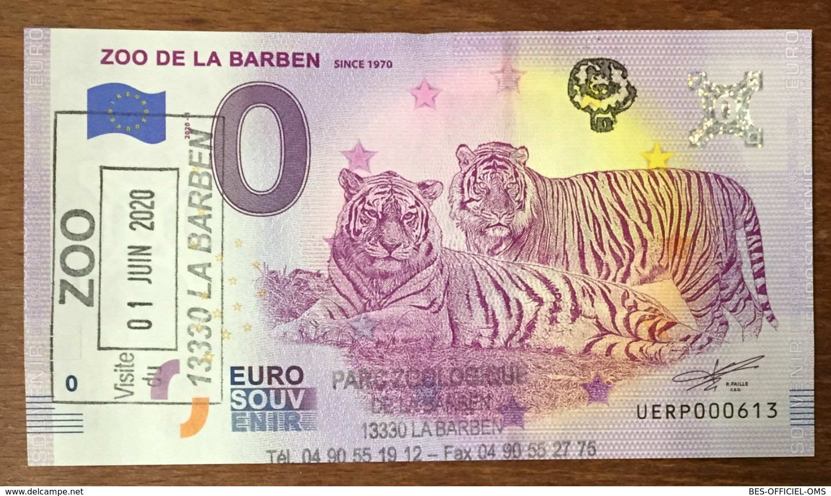 2020 BILLET 0 EURO SOUVENIR DPT 13 ZOO DE LA BARBEN TIGRES AVEC TAMPON A DATE BANKNOTE BANK NOTE PAPER 0 EURO SCHEIN - Essais Privés / Non-officiels