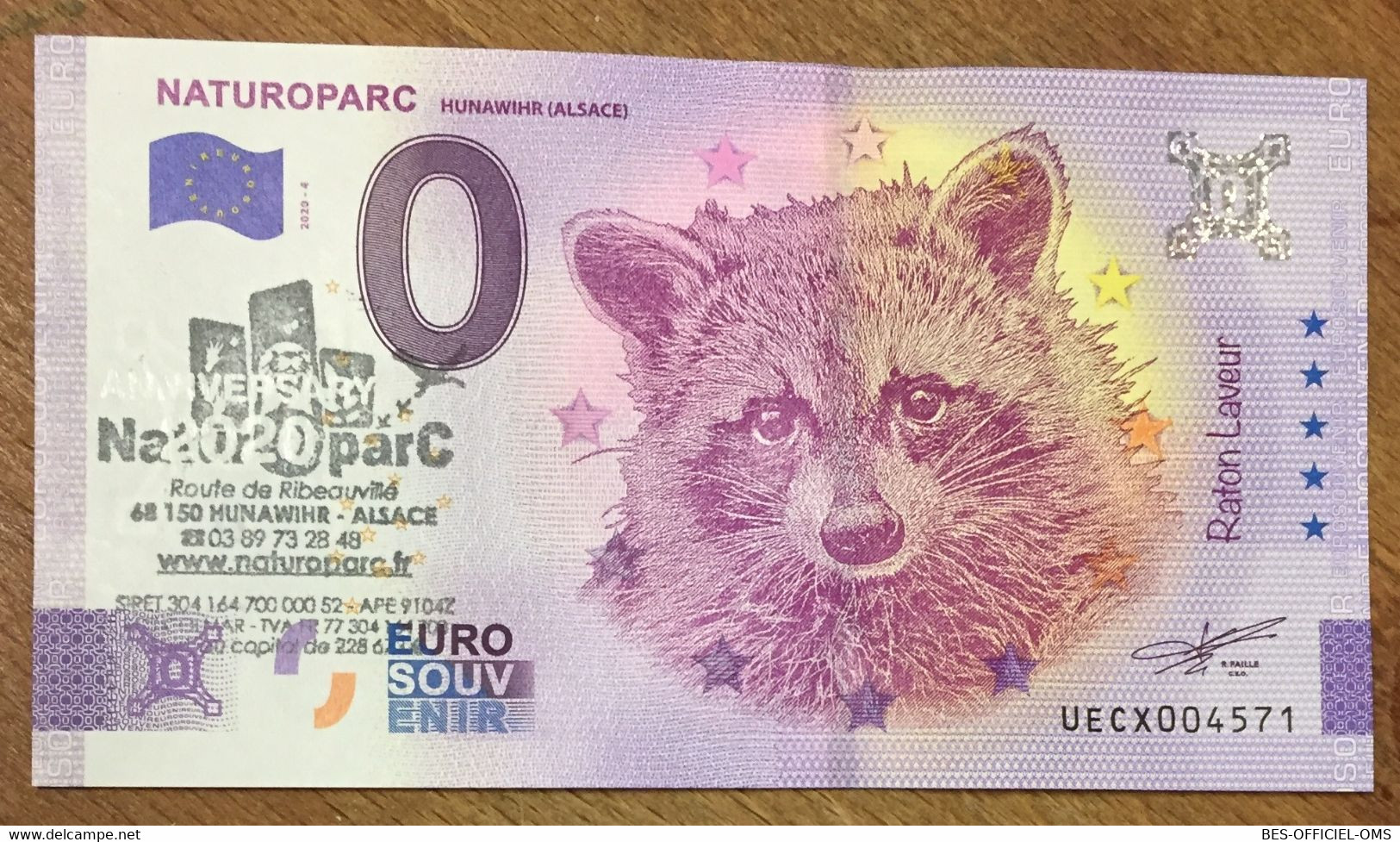 2020 BILLET 0 EURO SOUVENIR DPT68 HUNAWIHR NATUROPARC RATON LAVEUR ANNIVERSAIRE AVEC TAMPON ZERO 0 EURO SCHEIN BANKNOTE - Essais Privés / Non-officiels