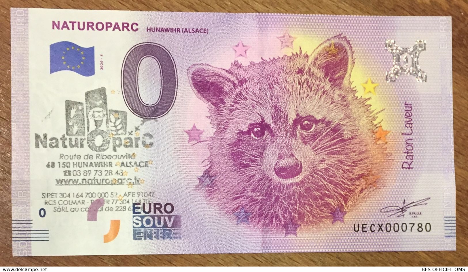 2020 BILLET 0 EURO SOUVENIR DPT68 HUNAWIHR NATUROPARC RATON LAVEUR AVEC TAMPON ZERO 0 EURO SCHEIN PAPER MONEY BANKNOTE - Essais Privés / Non-officiels