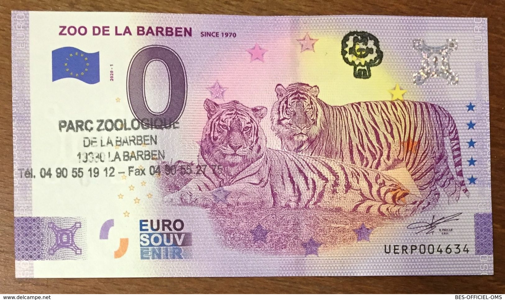 2020 BILLET 0 EURO SOUVENIR DP13 ZOO DE LA BARBEN TIGRES ANNIVERSAIRE AVEC TAMPON BANKNOTE BANK NOTE PAPER 0 EURO SCHEIN - Essais Privés / Non-officiels