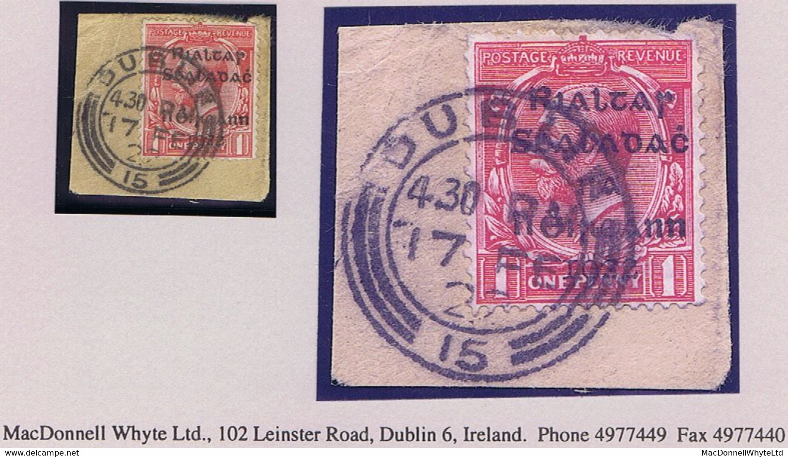 Ireland First Day 1922 Dollard Rialtas 1d Used On Piece DUBLIN 17 FE 22, First Day Of The Overprinted Stamps, Creasing. - Used Stamps