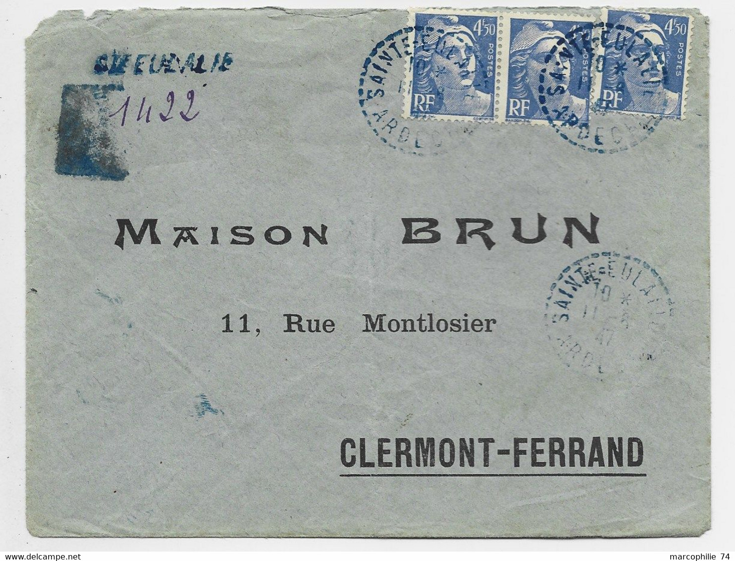 FRANCE GANDON 4FR50X3 LETTRE REC PROVISOIRE C. PERLE BLEU SAINTE EULALIE 11.4.47 ARDECHE - 1921-1960: Modern Tijdperk