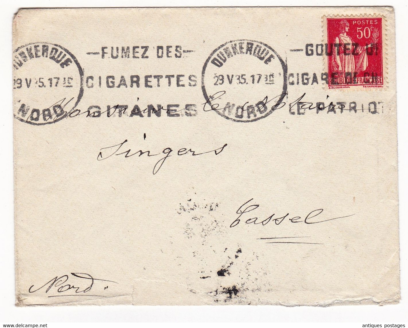 Lettre 1935 Dunquerke Nord Cassel Flamme Fumez Des Cigarettes Gitanes Tabac - 1932-39 Paz