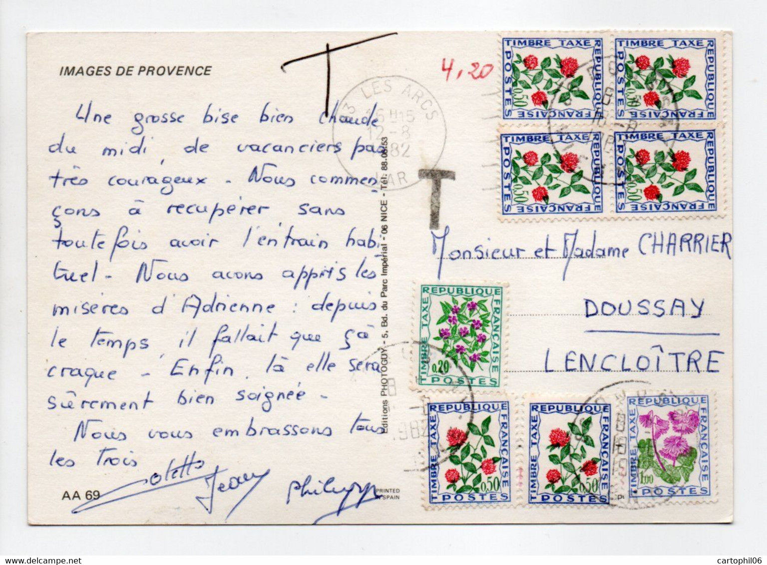 - Carte Postale LES ARCS (Var) Pour DOUSSAY / LENCLOITRE (Vienne) 12.8.1982 - TAXÉE 4 F. 20 Type Fleurs Des Champs - - 1960-.... Lettres & Documents