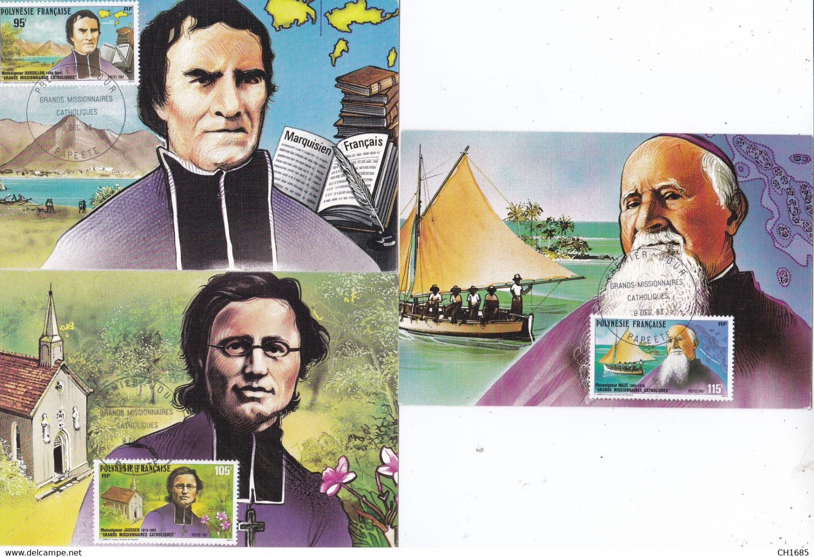 POLYNESIE :  Carte Maximum : Série Complète Grands Missionnaires Catholiques  Oblitération Papeete 1987 - Cartoline Maximum