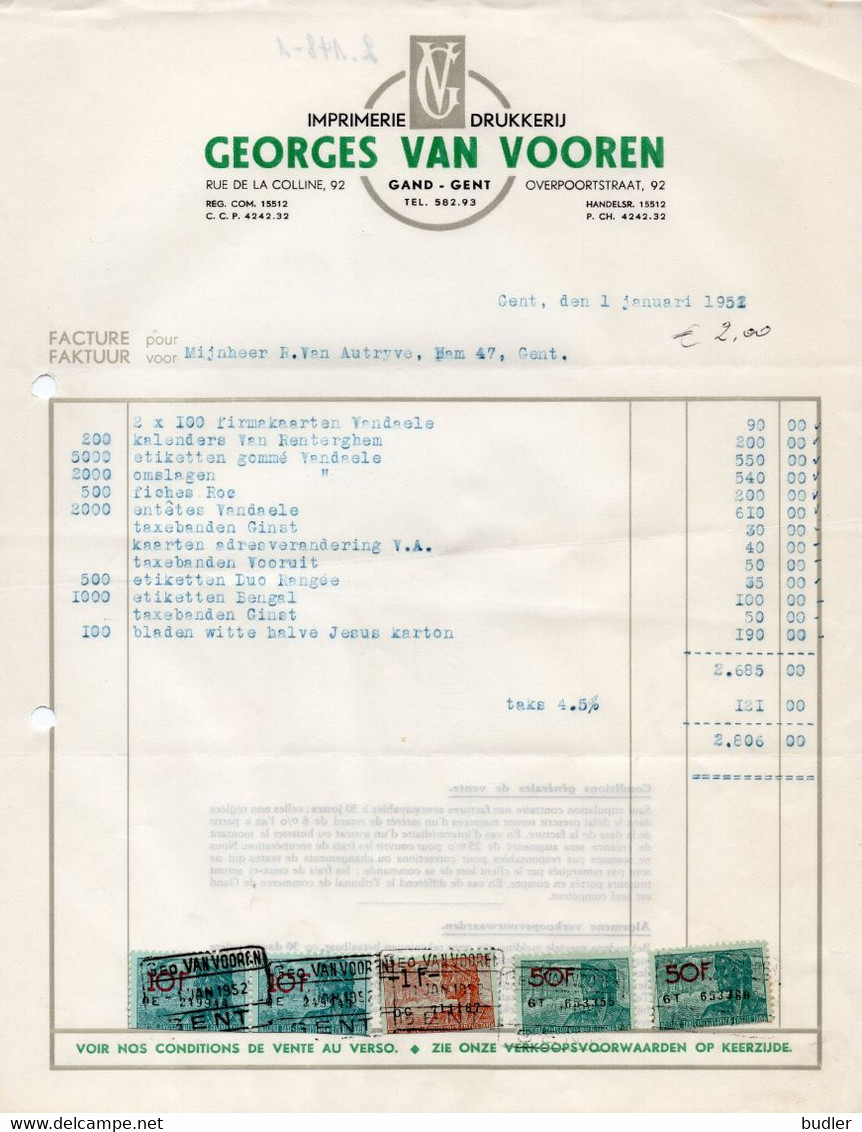 1952: Factuur Van ## Drukkerij Georges VAN VOOREN, Overpoortstraat,, 92, GENT ## Aan ## Mr. VAN AUTRYVE, Ham, 47, ... - Drukkerij & Papieren