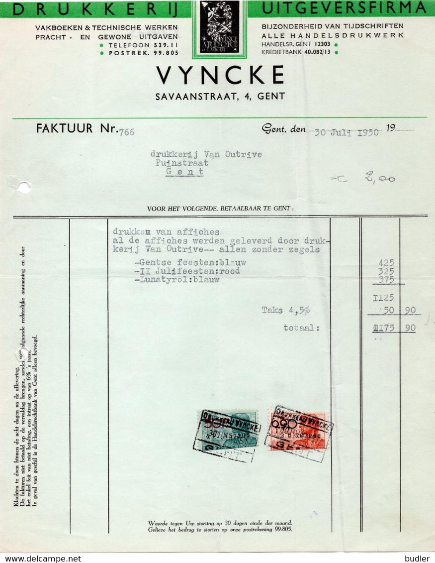 1950: Factuur Van ## Drukkerij VYNCKE, Savaanstraat, 4, GENT ##  Aan ## Drukkerij VAN AUTRYVE, Ham, 47, GENT ## - Drukkerij & Papieren