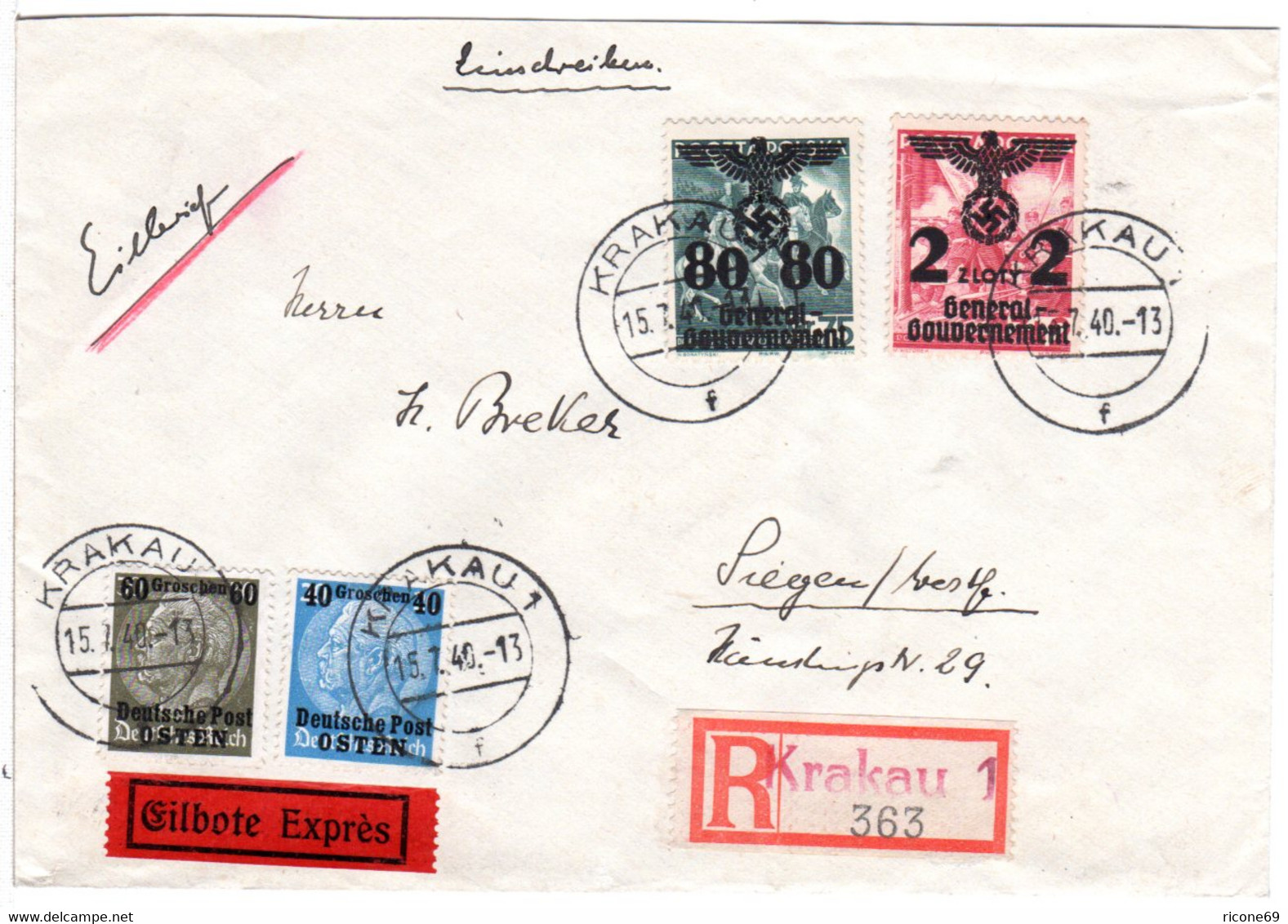 Generalgouvernement 1940, 4 Marken Auf Reko-Express Brief V. Krakau - Other & Unclassified