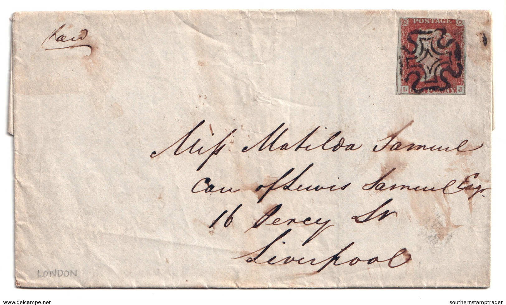 1844 Great Britain 1d Red Complete Letter Pl. 38 L-J With J Flaw - Brieven En Documenten