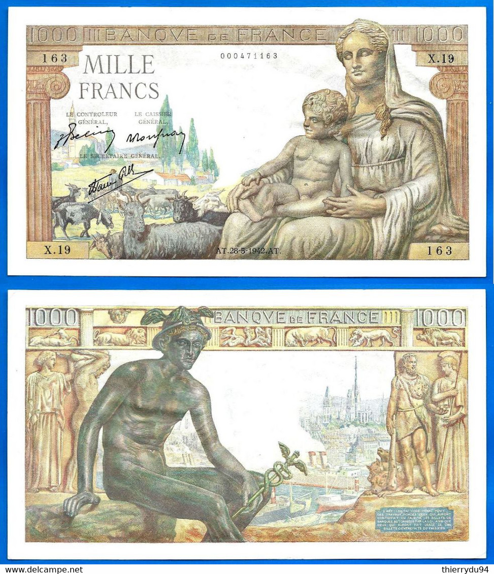 France 1000 Francs 1942 28 Mai Prefix X 28 05 1942 Demeter Que Prix + Port Grand Billet Frcs Frc Paypal Bitcoin OK - 1 000 F 1942-1943 ''Déesse Déméter''