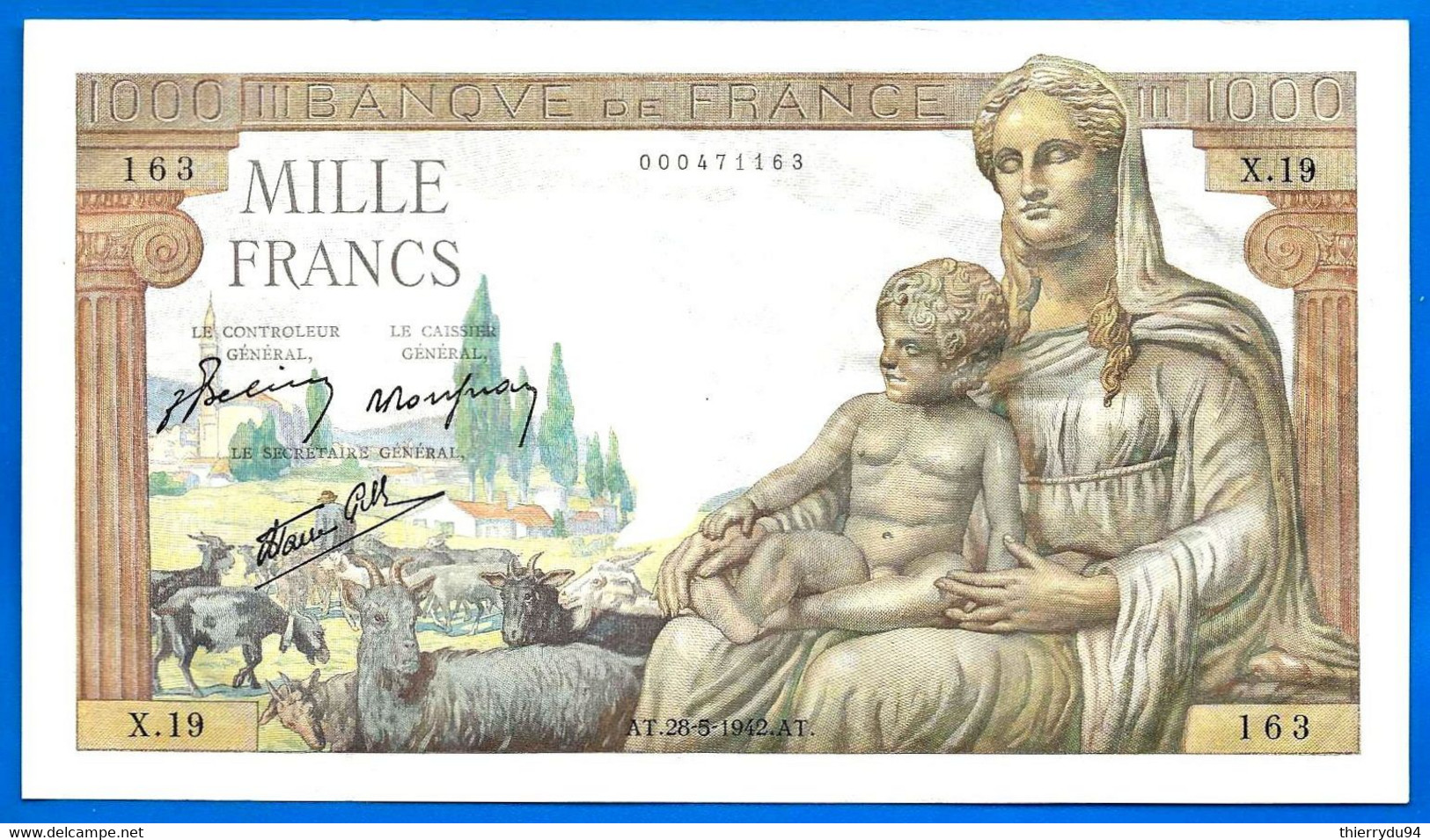 France 1000 Francs 1942 28 Mai Prefix X 28 05 1942 Demeter Que Prix + Port Grand Billet Frcs Frc Paypal Bitcoin OK - 1 000 F 1942-1943 ''Déesse Déméter''