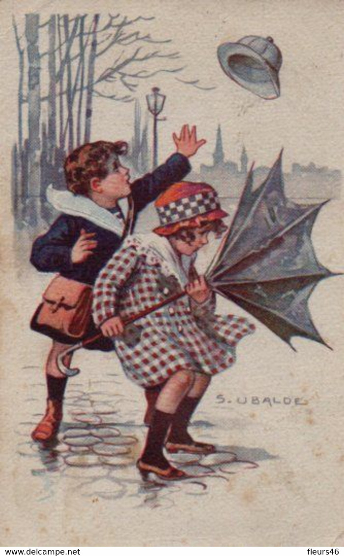 Illustrée Signée USABAL : Deux Enfants Dans La Tempête . Parapluie Retourné . - Usabal