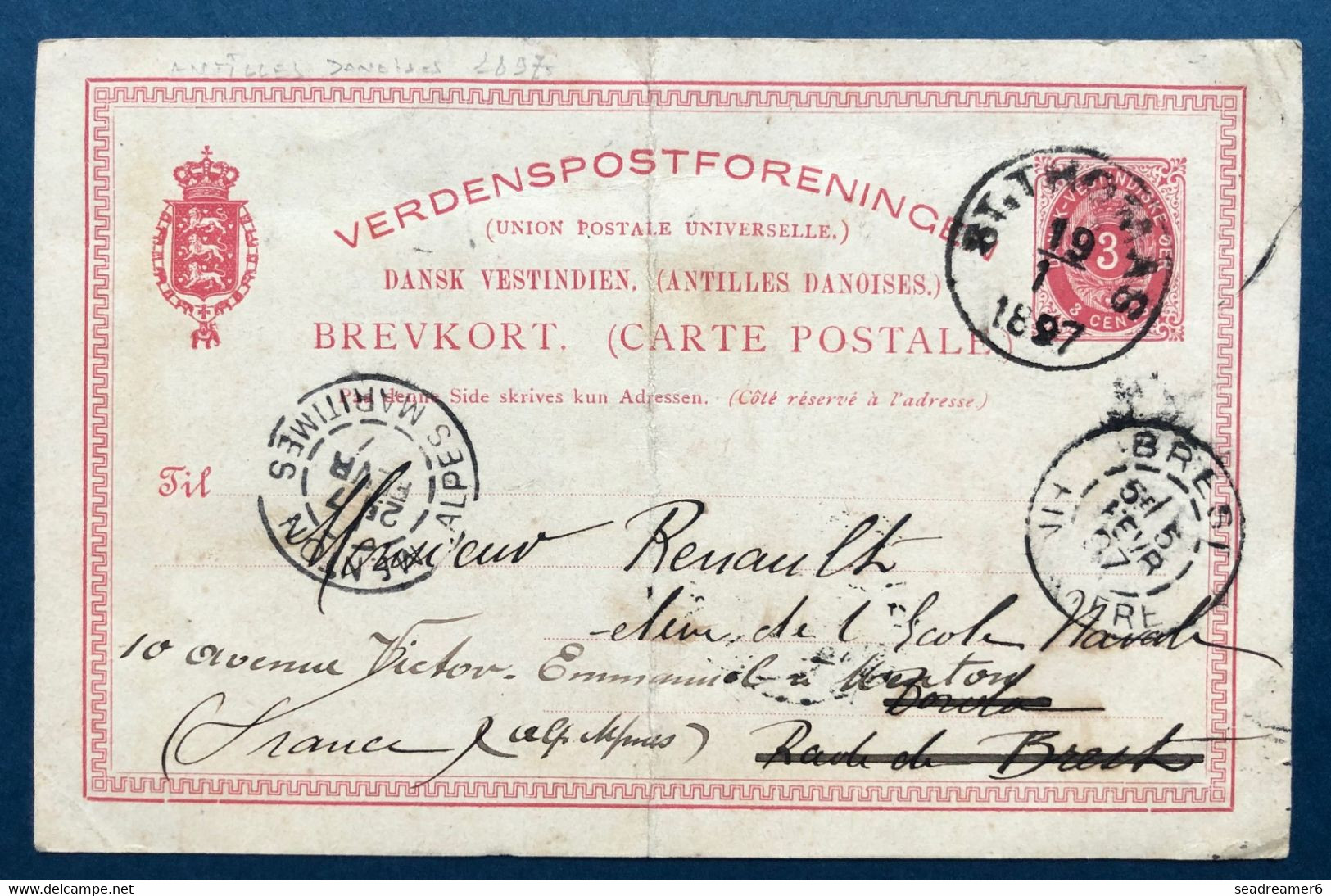 Antilles Danoise Entier 3 Cents Rose Obl De St Thomas Pourla France En Rade De Brest Puis Reexpediée à Menton - Denmark (West Indies)