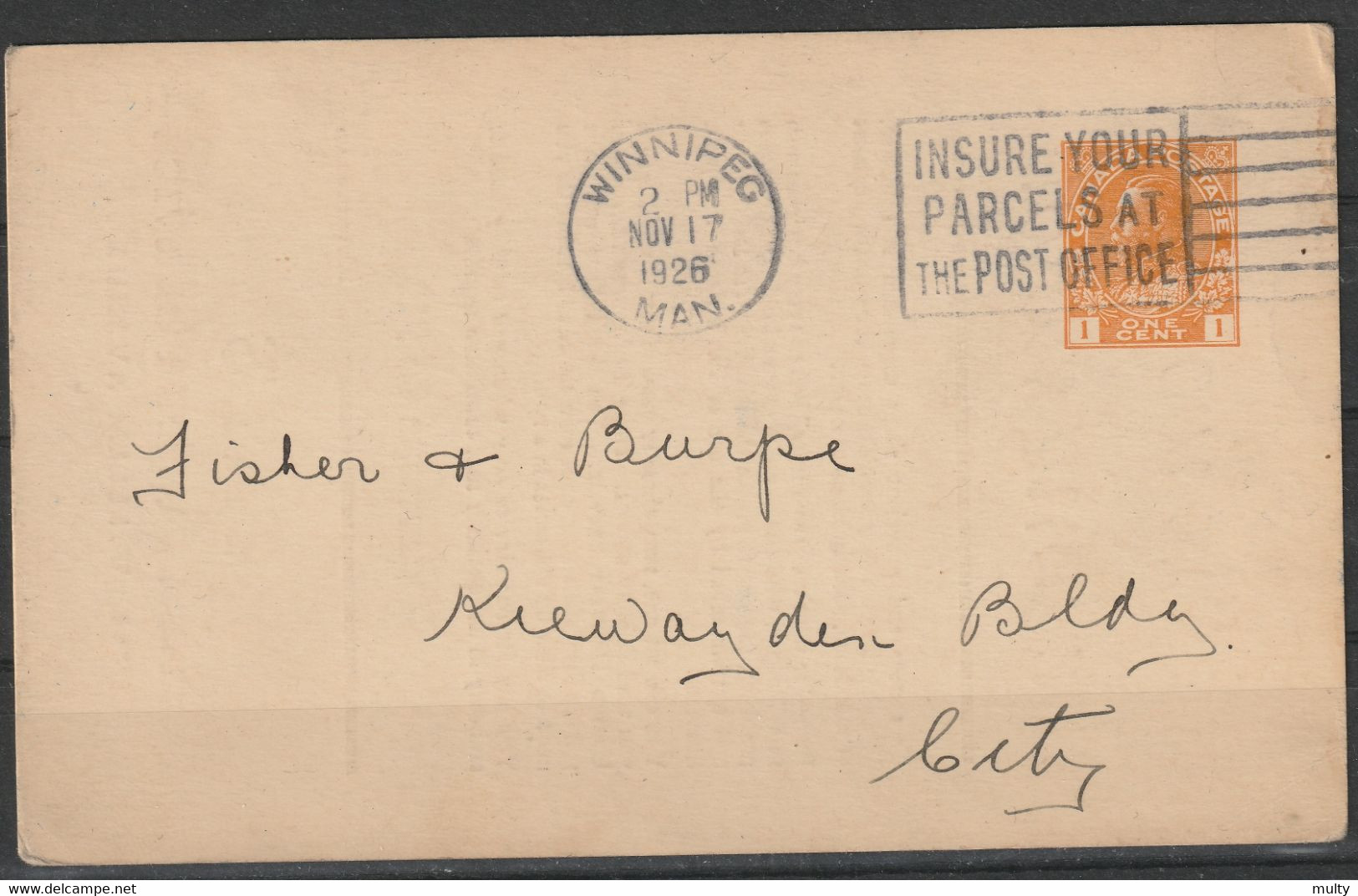 Canada Voorgefrankeerde Postkaart 1926  Winnipeg / Opruiming, Clearance Sale, Déstockage. - 1903-1954 Könige