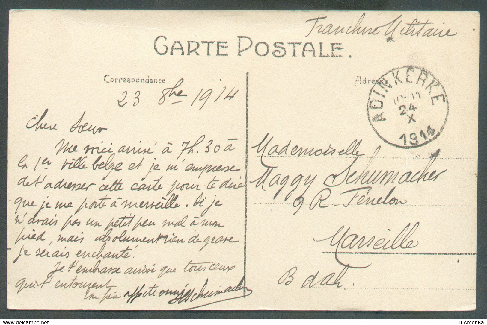 C.P. (Vue De La Gare) En S.M. (d'un Militaire Français Par La Poste Civile) De ADINKERKE 24-X-1914 Vers Marseille. Texte - Zone Non Occupée