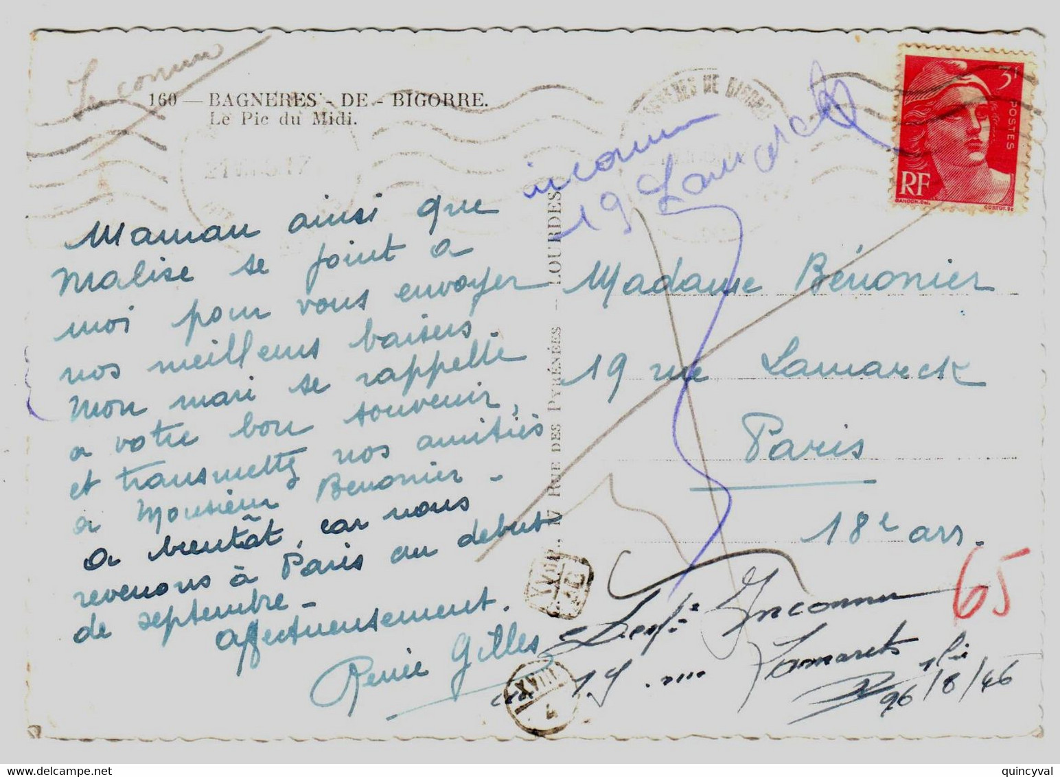 BAGNERES De BIGORRE Htes Pyrénées Carte Postale 3f Gandon Rouge Yv 716 Ob Meca 21 8 1946 Griffes Facteur Inconnu Rebut - Briefe U. Dokumente