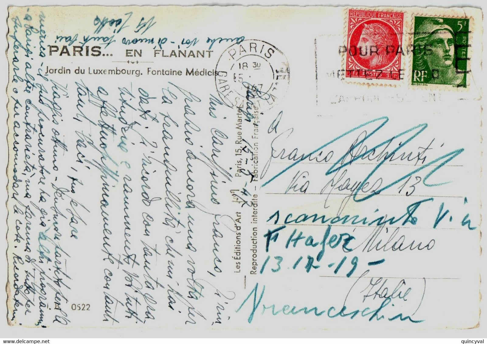 PARIS Gare St Lazare Carte Postale Etranger Italie Réexpédiée 1F Mazelin 5F Gandon Vert Yv 719 676 Ob 1947 - Lettres & Documents