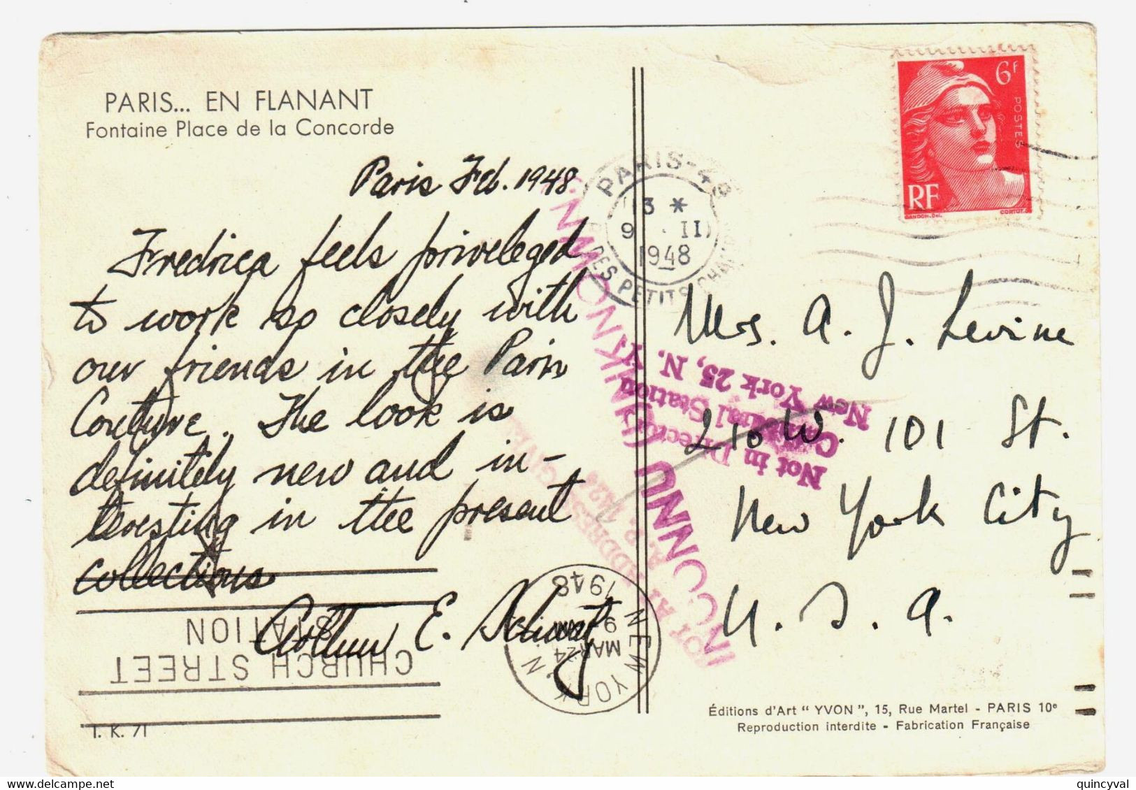 Carte Postale Pour L'étranger Gandon 6 F Rouge Yv 721A  Destination USA New York Inconnu UNKNOWN 9 2 1948 - Briefe U. Dokumente