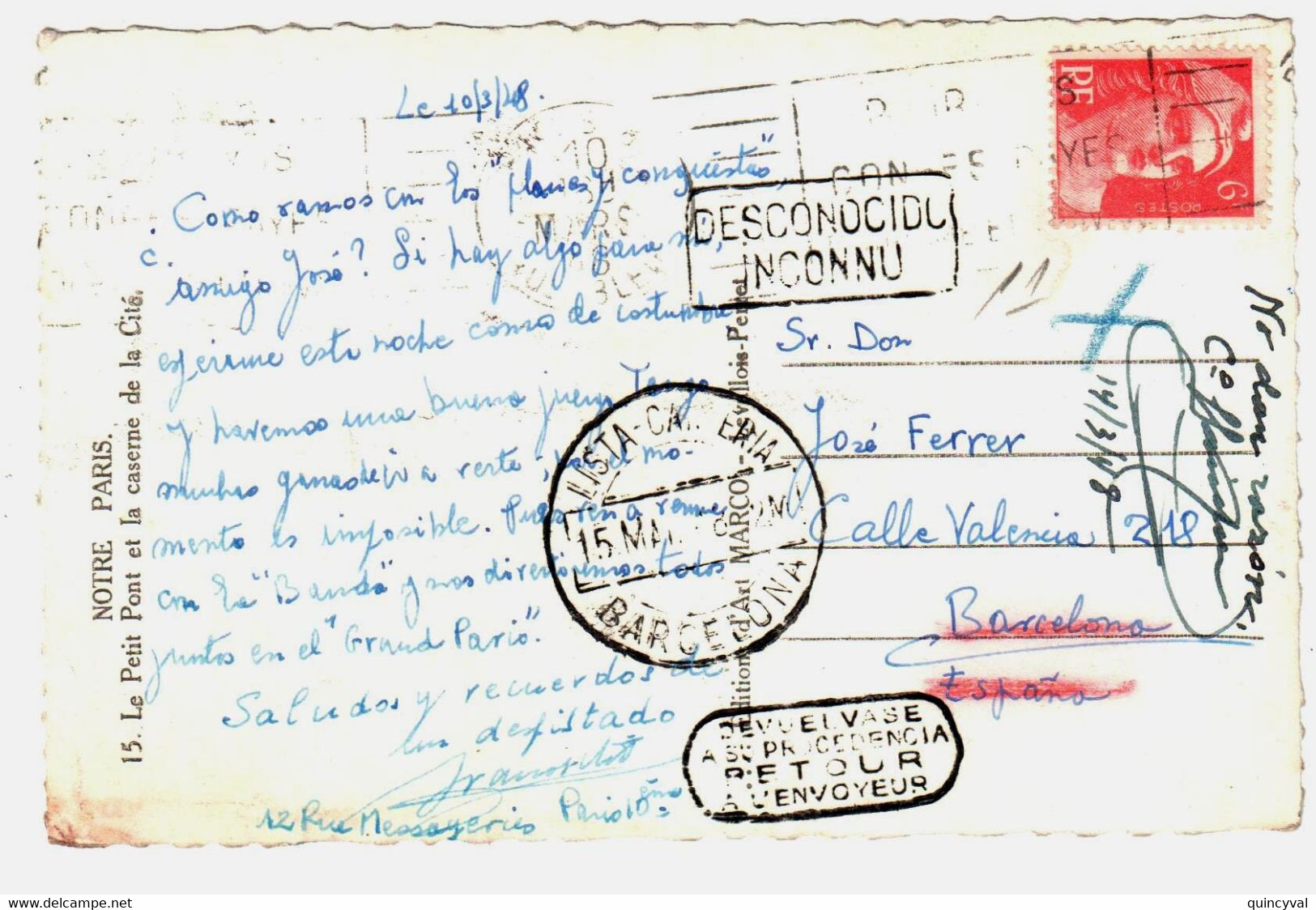 Carte Postale Pour L'étranger Gandon 6 F Rouge Yv 721A  Destination Espagne Barcelona Inconnu Inconnu Retour 10 3 1948 - Briefe U. Dokumente