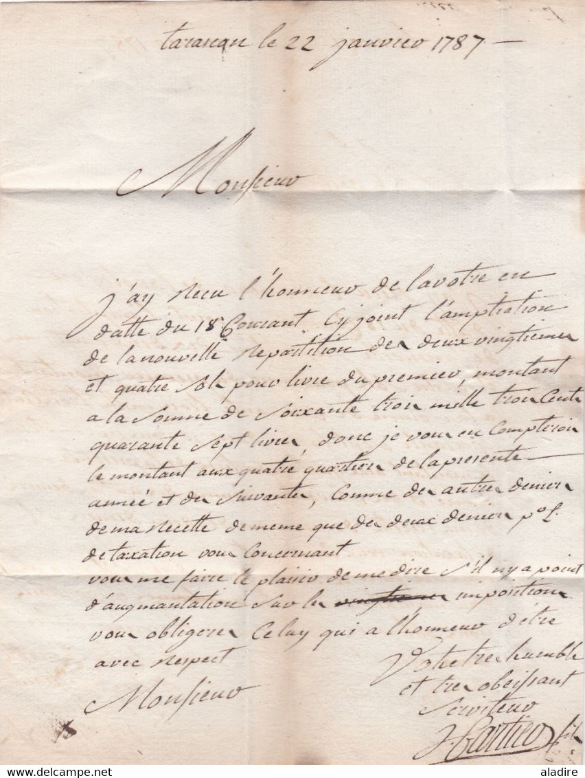 1781 - Marque Postale TARASCON  41x5mm Sur Lettre Avec Correspondance  Vers Aix - Taxe 4 - 1701-1800: Precursors XVIII