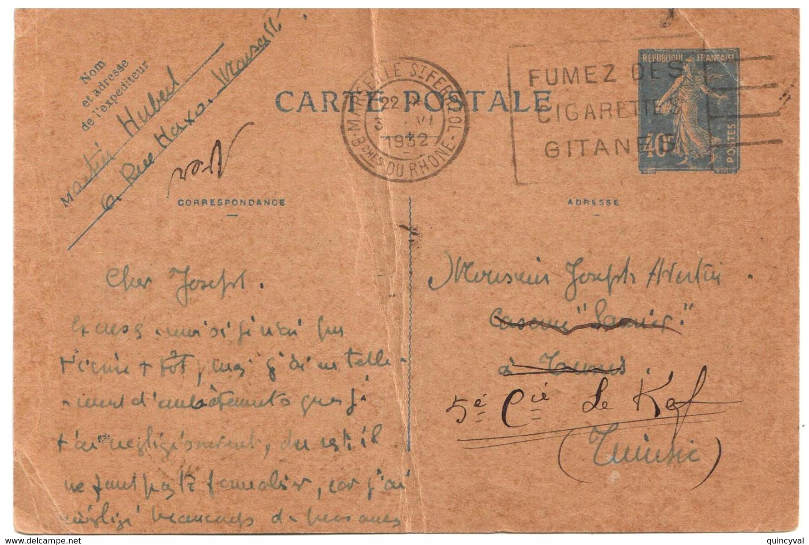 Marseille St FERREOL Carte Postale Entier 40c Semeuse Bleu Mill 126 Yv 237-CP Dest Tunis Tunisie Réexp KEF Marques Verso - Cartes Postales Types Et TSC (avant 1995)