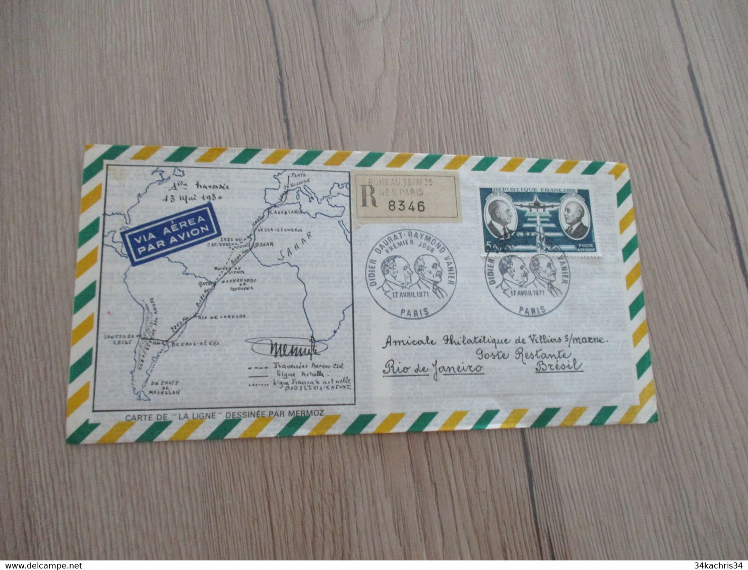 France Lettre En Recommandé Bureau Temporaire Paris Daurat Vanier Mermoz Aviation - 1960-.... Covers & Documents