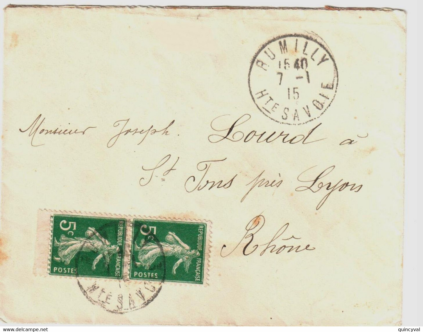RUMILLY Haute Savoie Lettre Paire De Carnet 5c Vert Semeuse Avec Bordures Yv 137c Ob 7 1 1915 - Covers & Documents