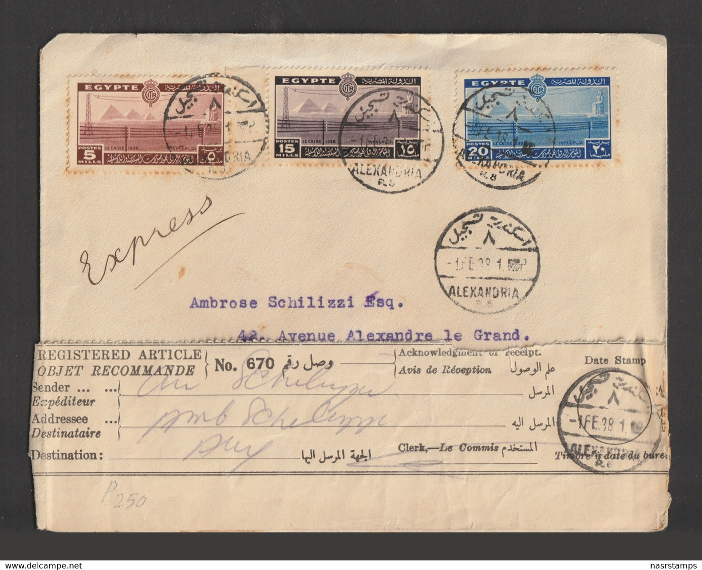 Egypt - 1938 - Registered - ( Intl. Telecommunication Conf., Cairo ) - Alexandria - Cartas & Documentos