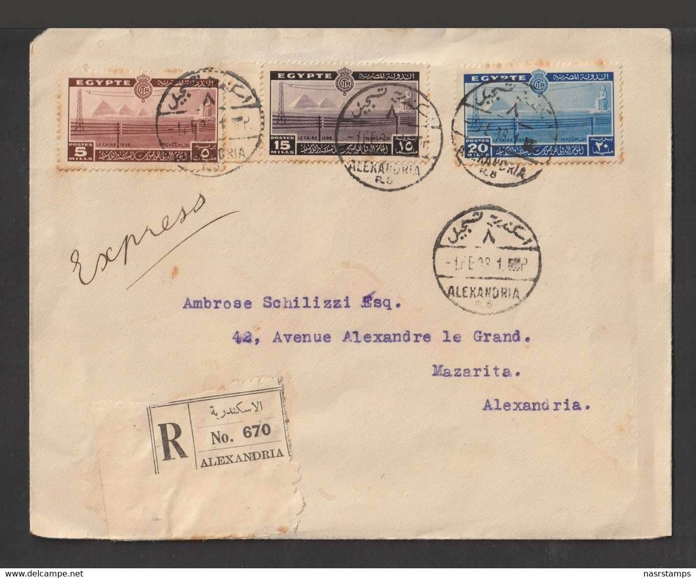 Egypt - 1938 - Registered - ( Intl. Telecommunication Conf., Cairo ) - Alexandria - Cartas & Documentos