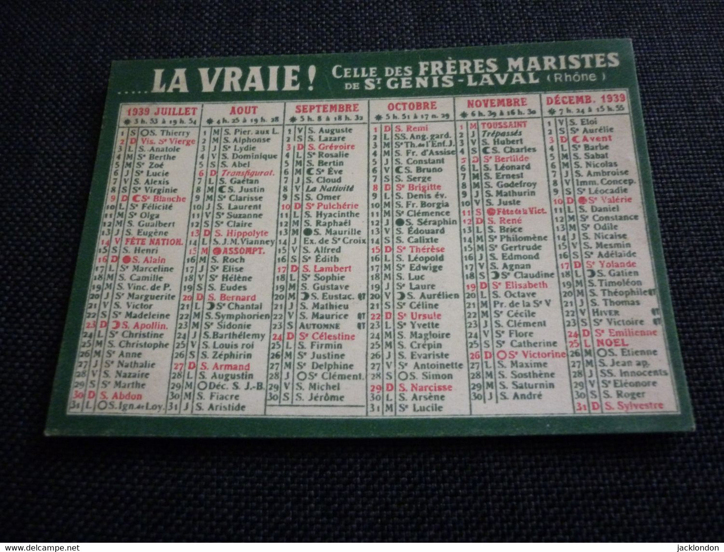 Petit Calendrier Ancien Publicitaire  1939  Arquebuse De L'Hermitage St Genis Laval - Petit Format : 1921-40