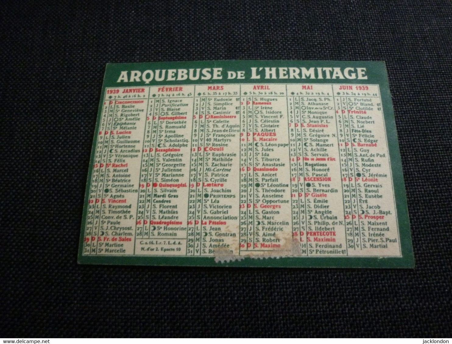 Petit Calendrier Ancien Publicitaire  1939  Arquebuse De L'Hermitage St Genis Laval - Petit Format : 1921-40